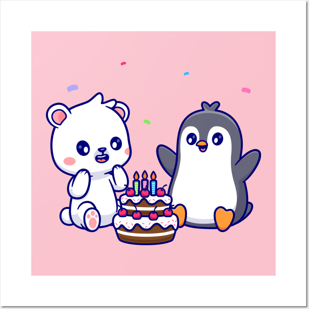 Cute Polar Bear And Penguin With Birthday Cake Cartoon Wall Art by Catalyst Labs